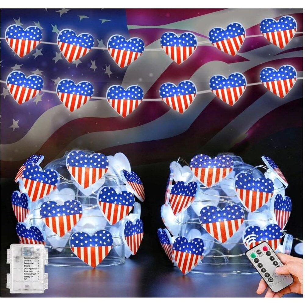 60 LED 2 Pack Red White and Blue Lights, 20 FT 4th of July Heart Flags Lights Re
